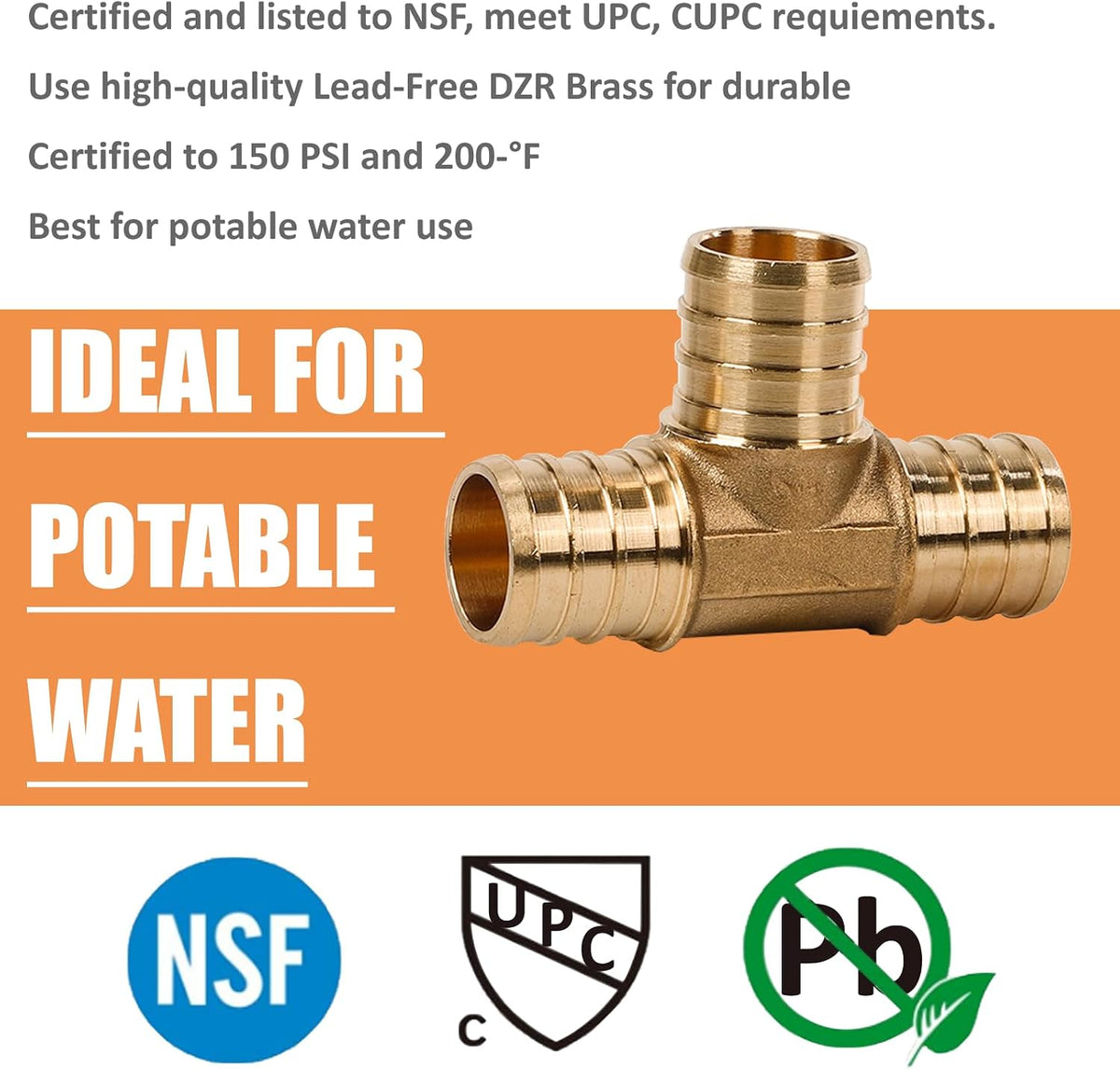 2 Pack PEX Fittings 3/4" PEX Crimp Brass Tee for Potable Water Distribution and Hydronic Heating