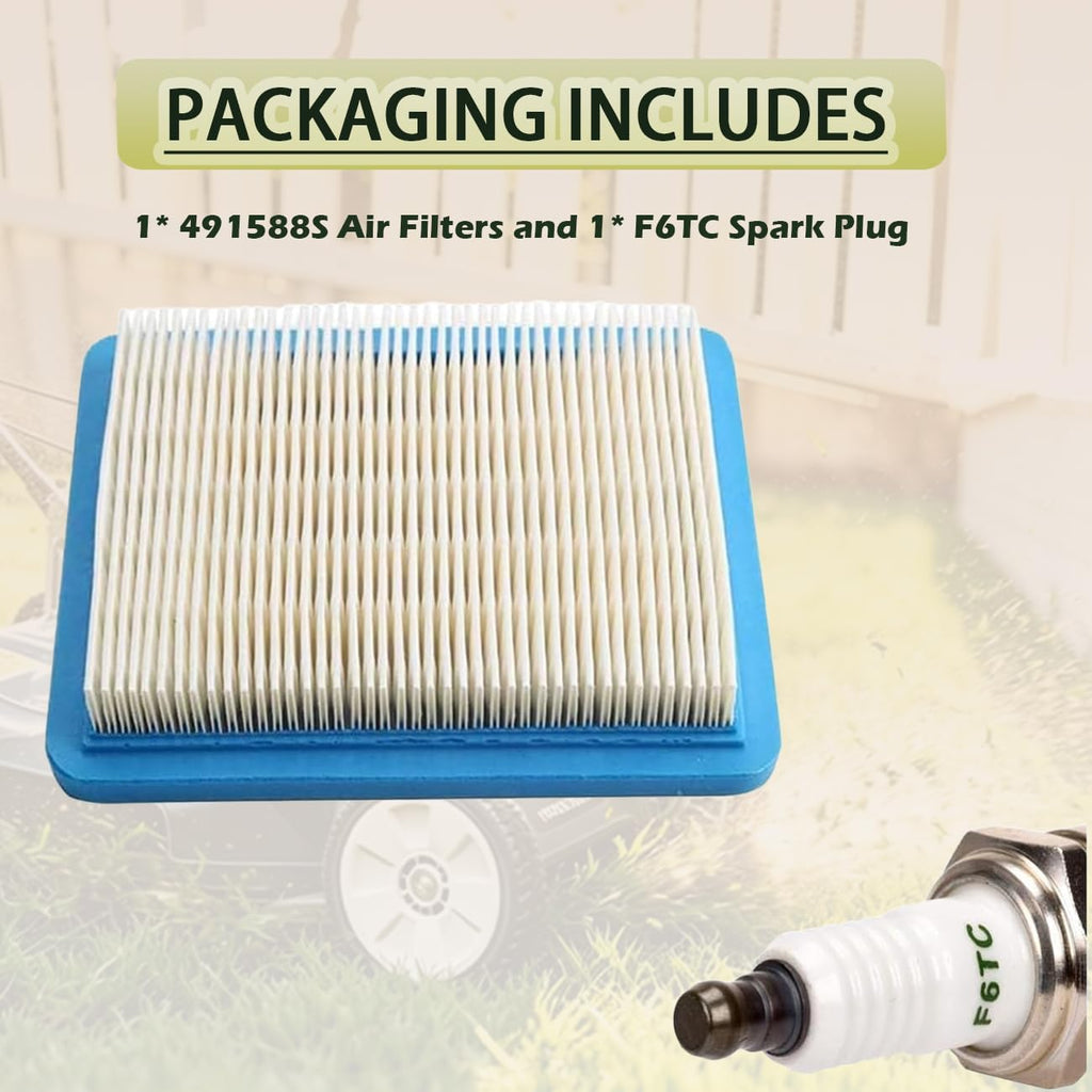 491588S 491588 Air Filter for Briggs & Stratton 491588 Troy-Bilt TB110 TB230 TB210 Toro 20332 Craftsman 33644 Push Lawn Mower & F6TC Spark Plug