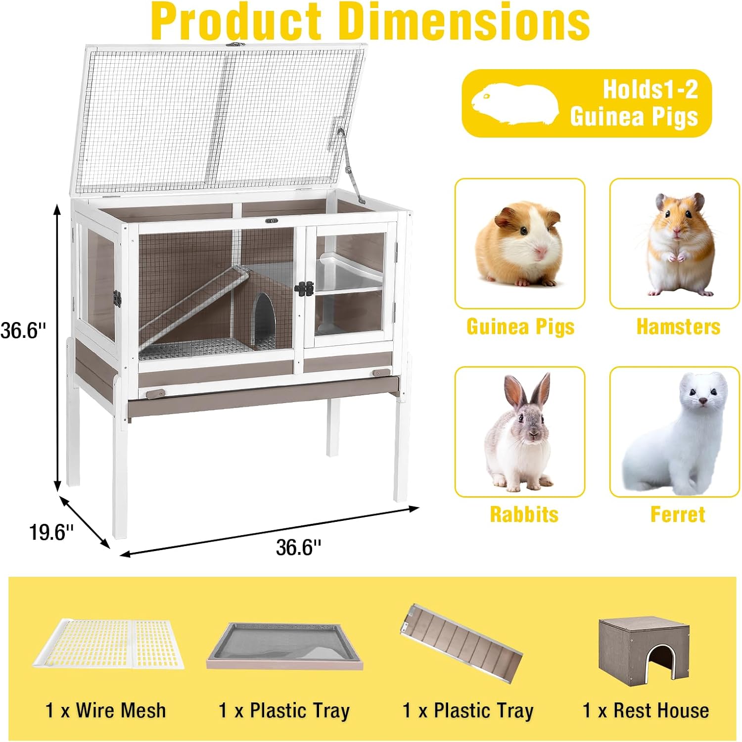 2-Story Indoor Rabbit Hutch Guinea Pig Cage with Stand, Wooden Bunny Cage Small Animal Cages with Chew-Proof Ramp