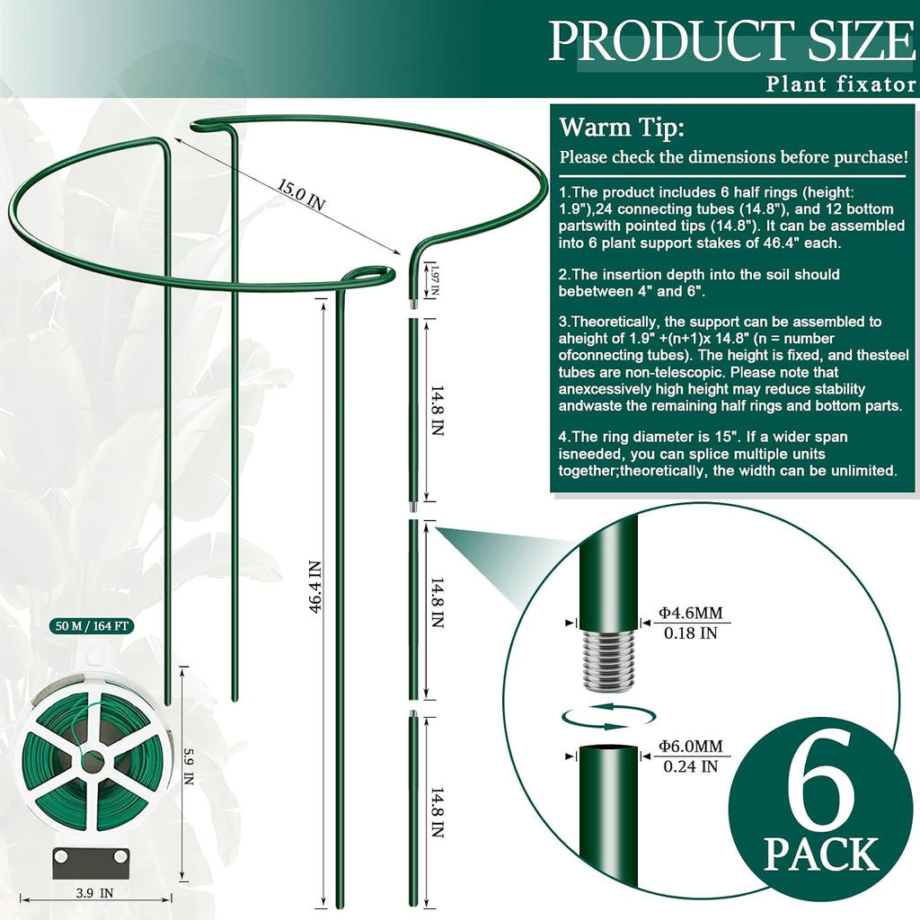 6-Pack 46.3” Plant Support Stakes, Steel Plant Cage & Peony Tomato Hydrangea Cage, Garden Stakes for Outdoor Plants