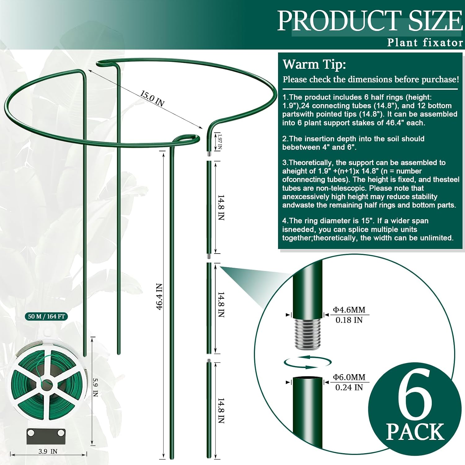 6-Pack 46.3” Plant Support Stakes, Steel Plant Cage & Peony Tomato Hydrangea Cage, Garden Stakes for Outdoor Plants