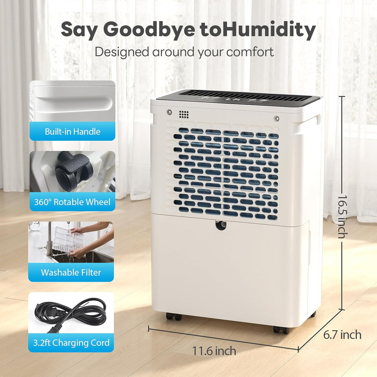 2500Sq.Ft Dehumidifier,34Pint Dehumidifiers for Home, Quiet Dehumidifier for Basement, Bedroom, Bathroom,6.56FT Drain
