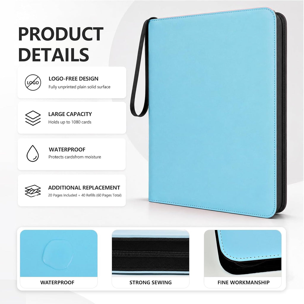 9 Pocket Zip Card Binder, Trading Card Album Holds 1080 Cards, Light Blue | Logo-free design,top-loading