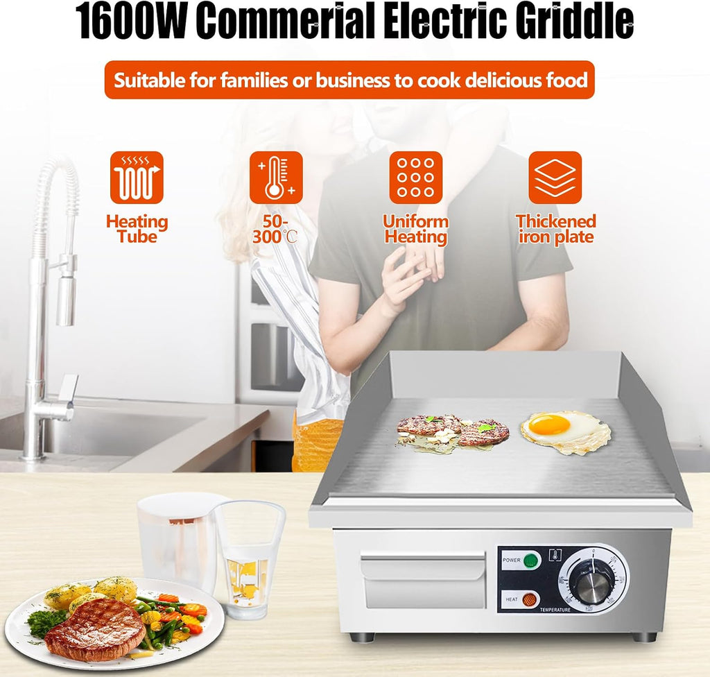 14" Commercial Electric Griddle,Electric Countertop Flat Top Griddle,110V 1500W Electric Flat Top Grill,Non-Stick