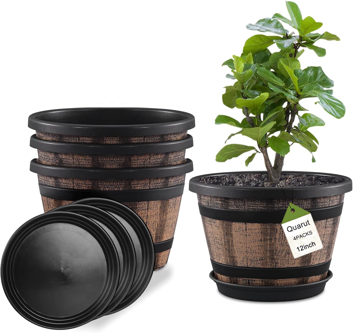 Plant Pots Set of 4 Pack 12 inch,Large Whiskey Barrel Planters with Drainage Holes & Saucer.Plastic Flower Pots