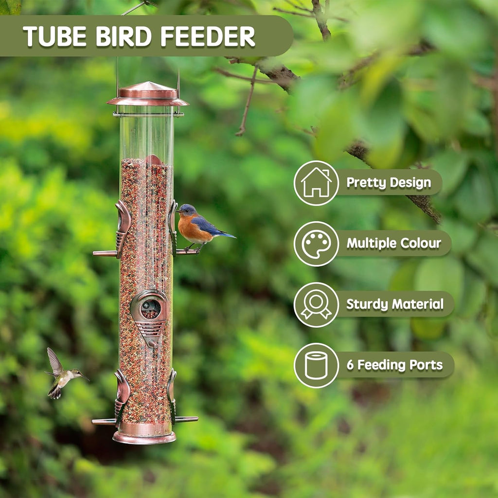 1PK Metal Wild Bird Feeder,Squirrel Proof Bird Feeders for Outside,Hanging 6 Port Tube Bird Feeder,Finch Bird Feeder
