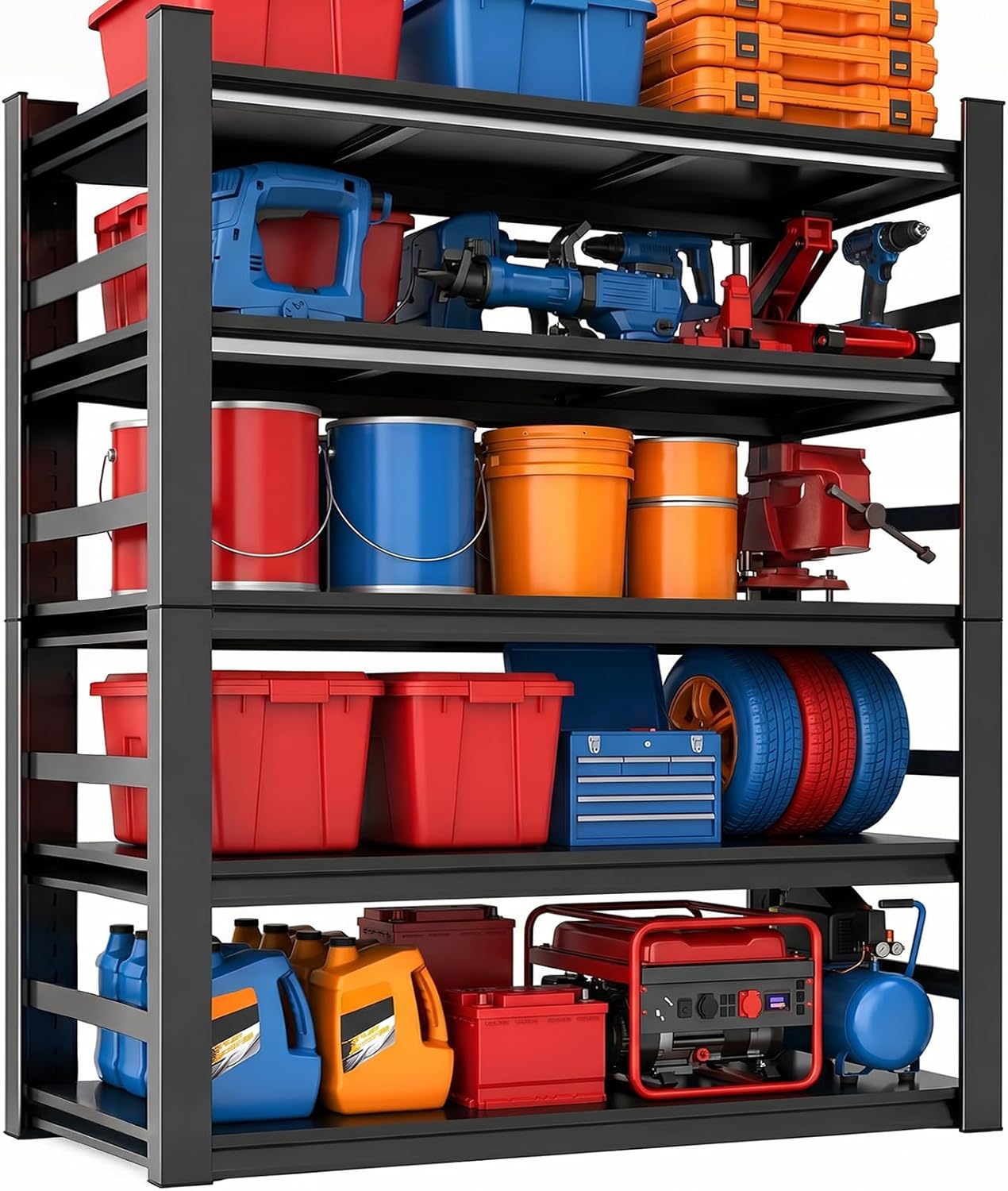 Garage Shelving, 3000 LBS Heavy Duty Metal Storage Shelves with Anti-Fall Rails, 5-Tier Adjustable Storage Rack for