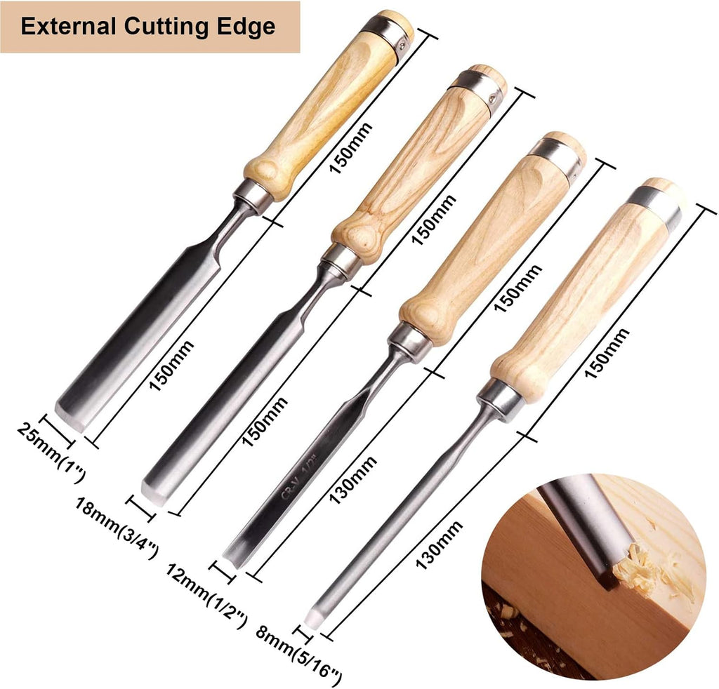 4-Piece Wood Chisel Set, 8mm 12mm 18mm 25mm | CR-V Steel Curved Outer Edge Gouge, Sharp Wood Carving Chisels, Firm