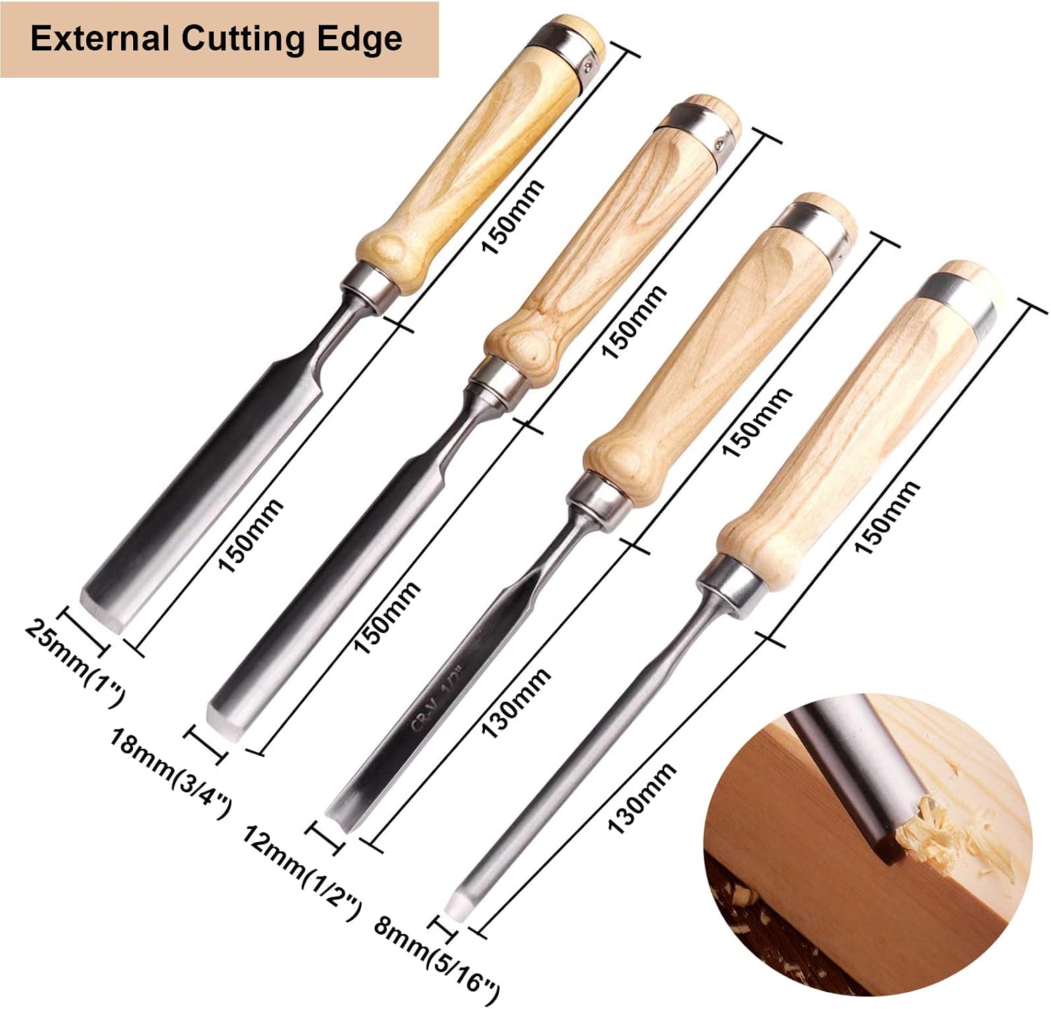 4-Piece Wood Chisel Set, 8mm 12mm 18mm 25mm | CR-V Steel Curved Outer Edge Gouge, Sharp Wood Carving Chisels, Firm