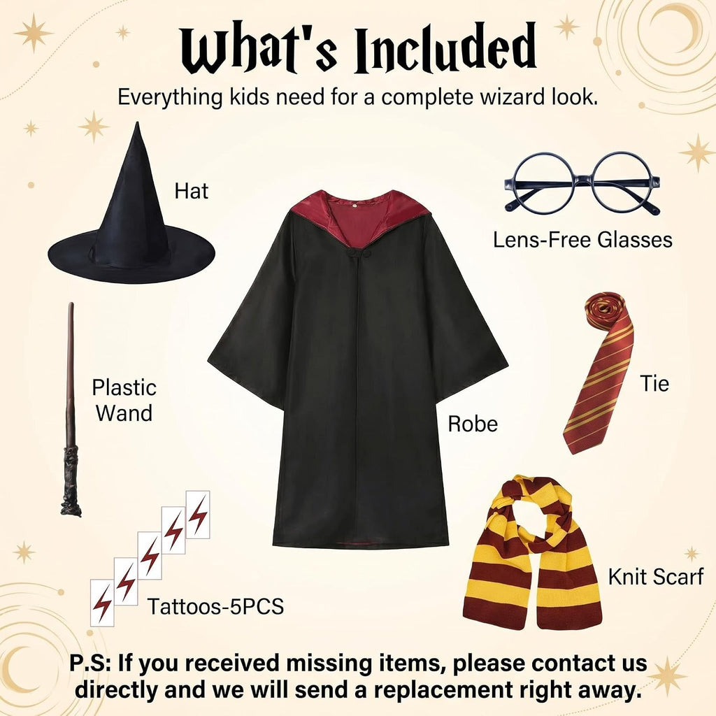 Wizard Costume for Kids 3-15, Wizard Robe Set with Wand, Tie, Scarf, Hat & Glasses, Halloween Cosplay Outfit