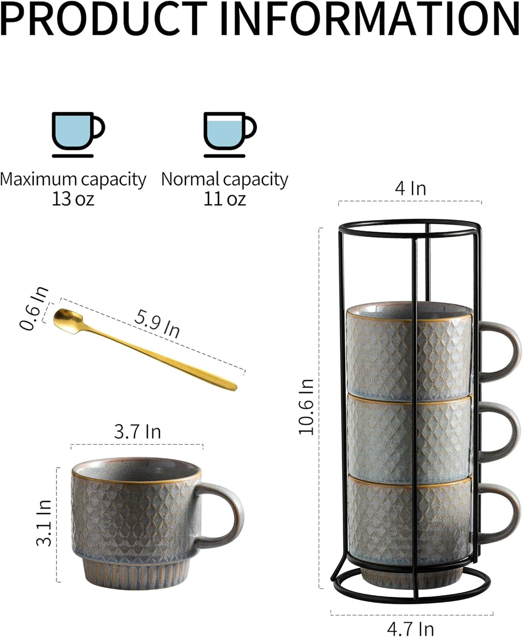 Stackable Coffee Mugs Set of 4 Coffee Cups with Stand, Light Gray