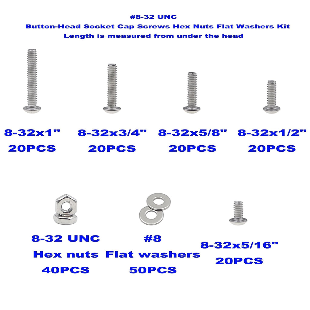MCMASKE #8-32 UNC Stainless Steel Button-Head Socket Cap Screws Hex Nuts Flat Washers Assortment Kit