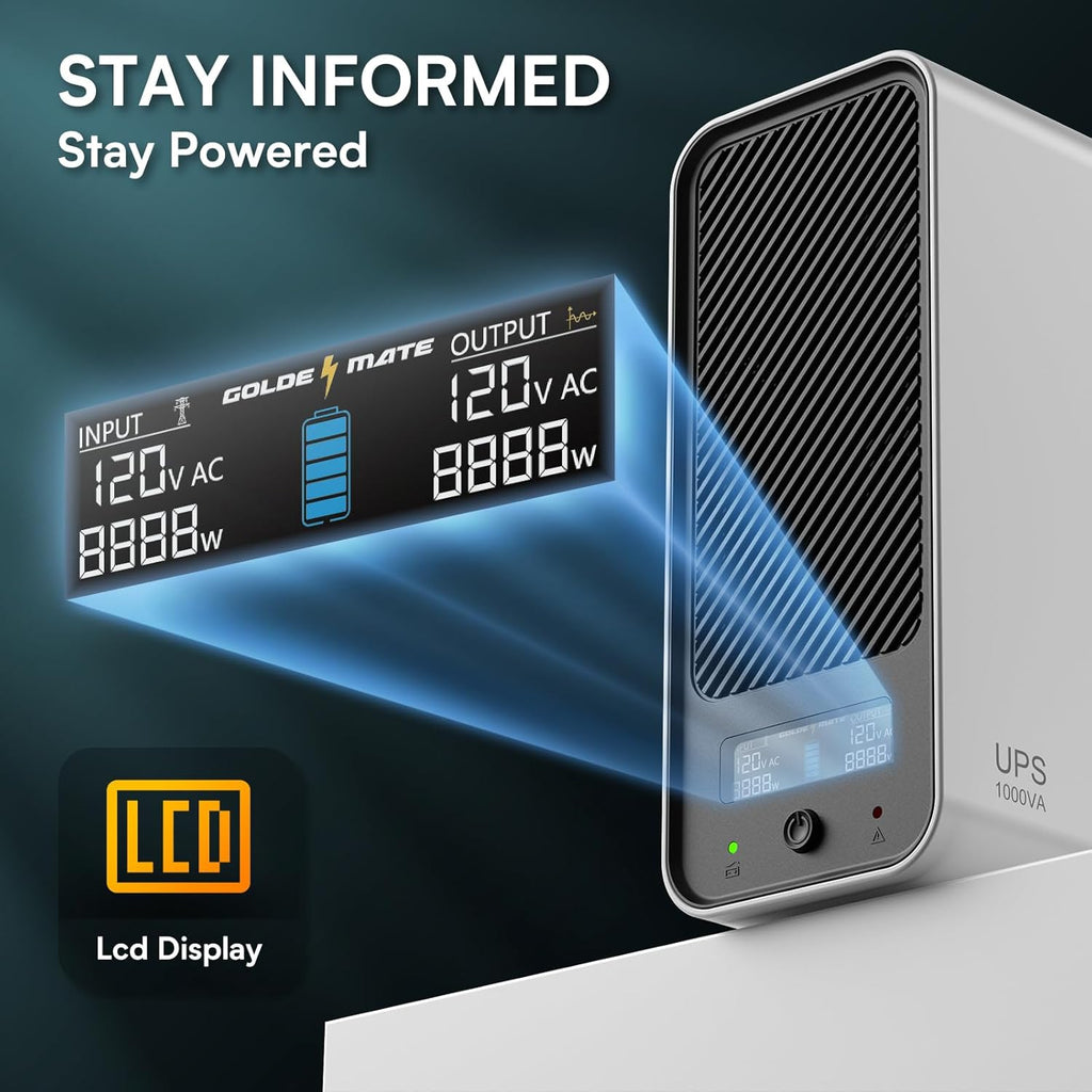 1000VA/600W Lithium UPS Battery Backup & Surge Protector, White | Pure Sine Wave, 8 Outlets, Color LCD, 153.6 Wh