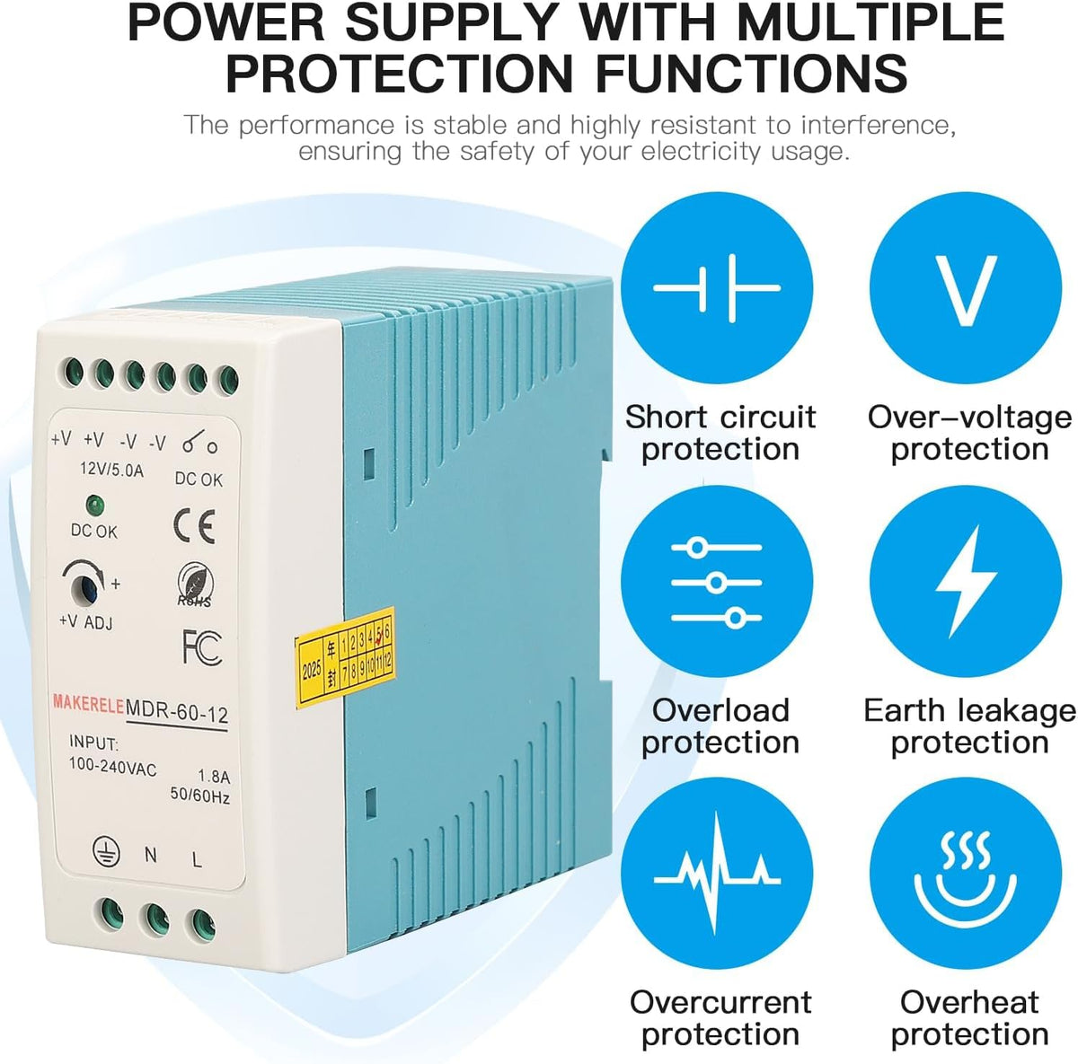 MAKERELE MDR 12V DIN Rail Power Supply 60W
