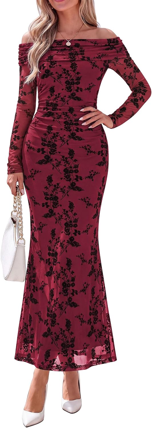 Womens Fall Off Shoulder Floral Maxi Wedding Guest Dress