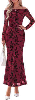 Womens Fall Off Shoulder Floral Maxi Wedding Guest Dress