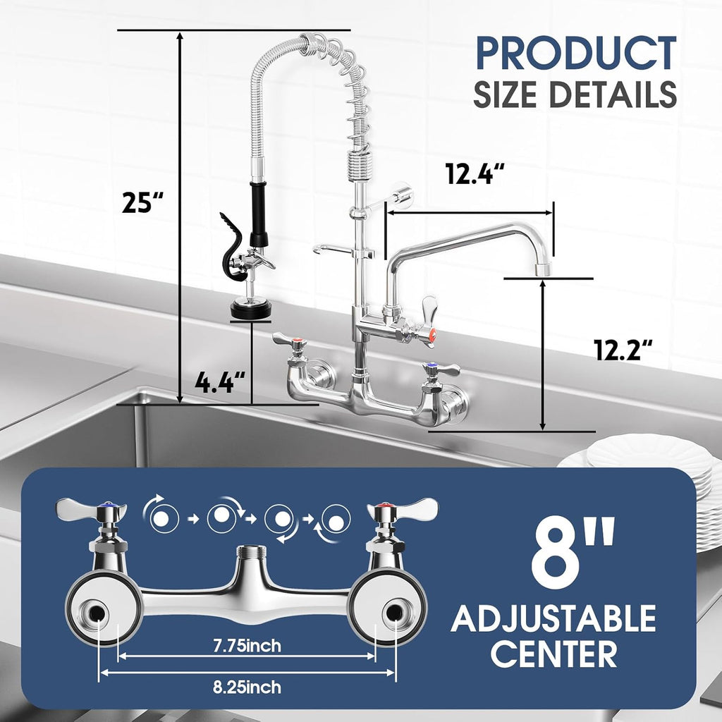 Commercial Wall Mount Kitchen Faucet with Pull Down Pre-Rinse Sprayer, Adjustable Swing Spout, Heavy-Duty Utility