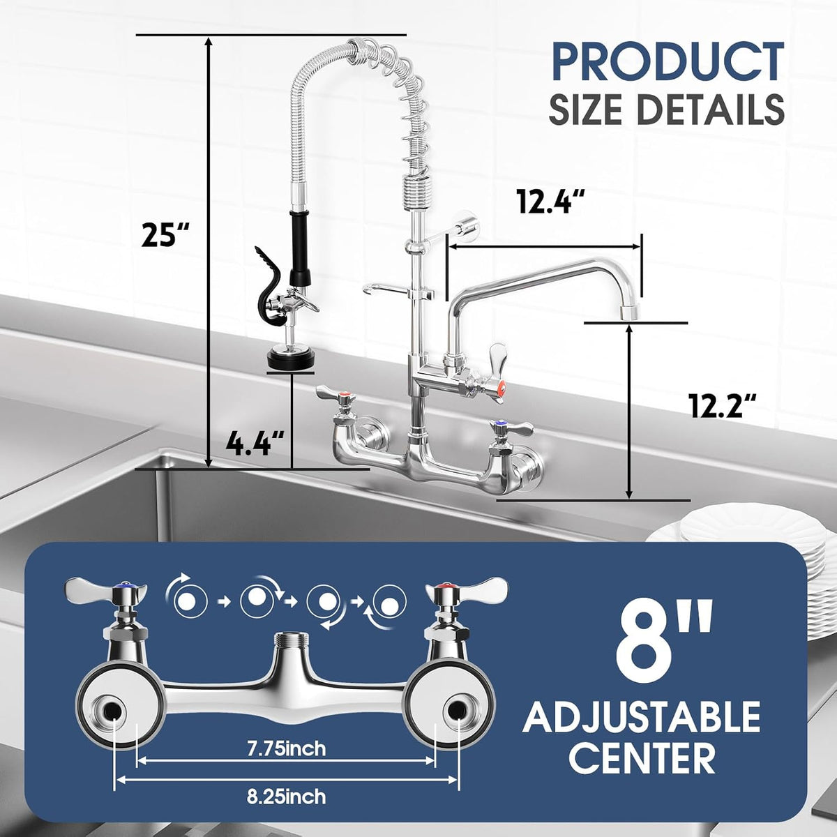 Commercial Wall Mount Kitchen Faucet with Pull Down Pre-Rinse Sprayer, Adjustable Swing Spout, Heavy-Duty Utility