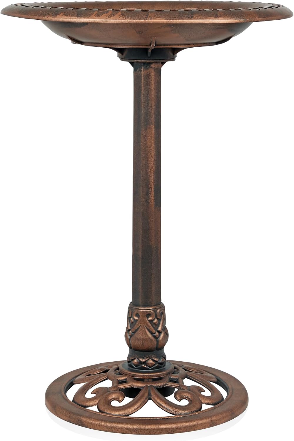 Alpine Corporation | 28" Bronze Outdoor Pedestal Birdbath with Scrollwork Base and Ground Stakes — Elegant Garden