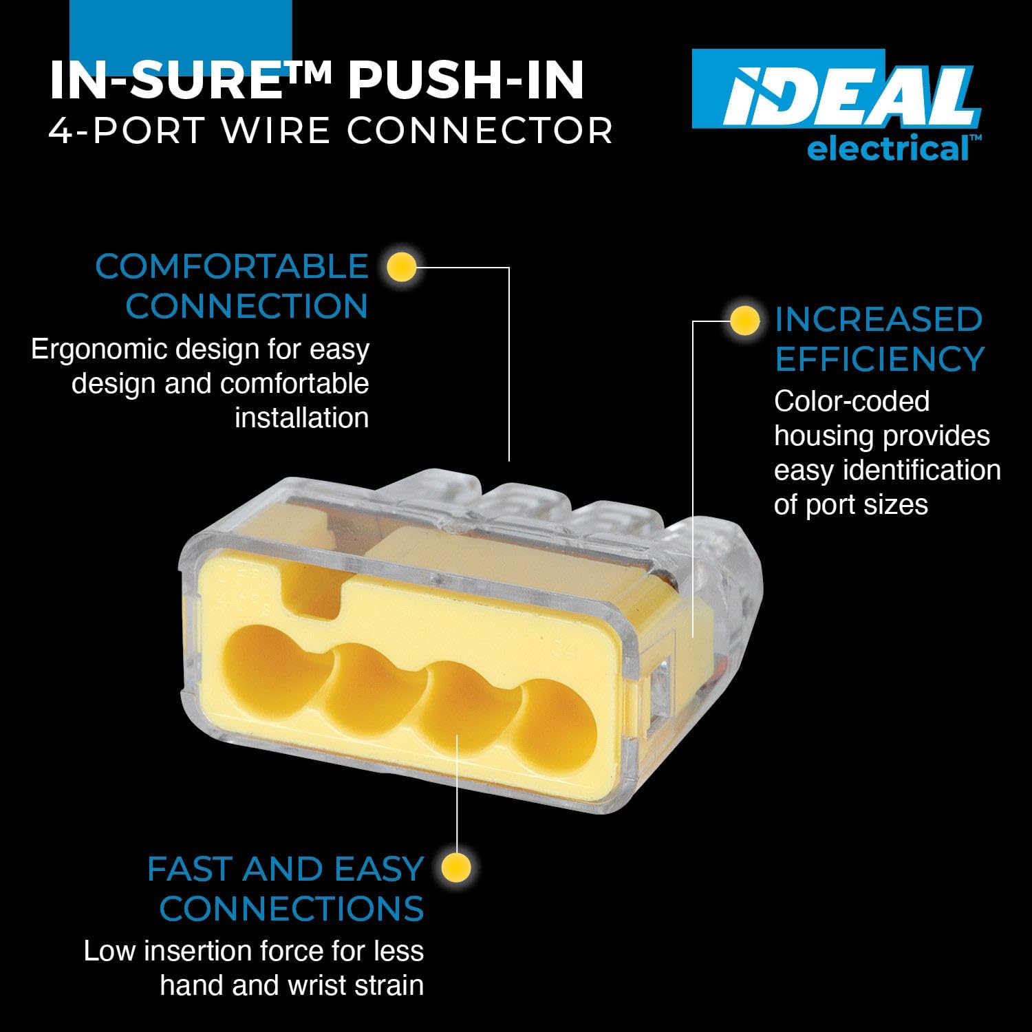 Ideal Electrical in-Sure Push-in Wire Connector, 4-Port (30-1034P), Bag of 100-Color Coded No-Twist Connectors for