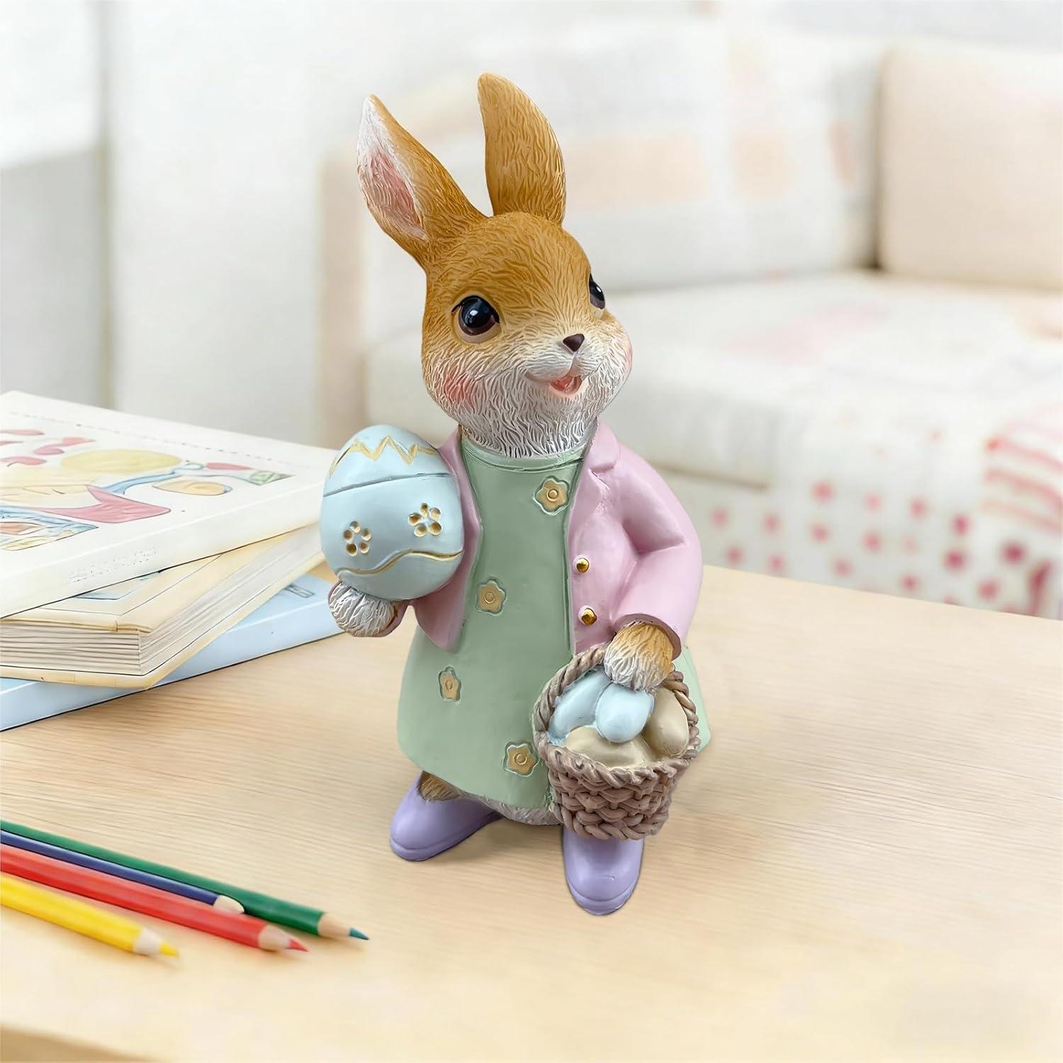 Easter Bunny Statue Egg Basket Rabbit Figurine Tabletop Spring Home Decor | Fine textured fur carving Hand-painted