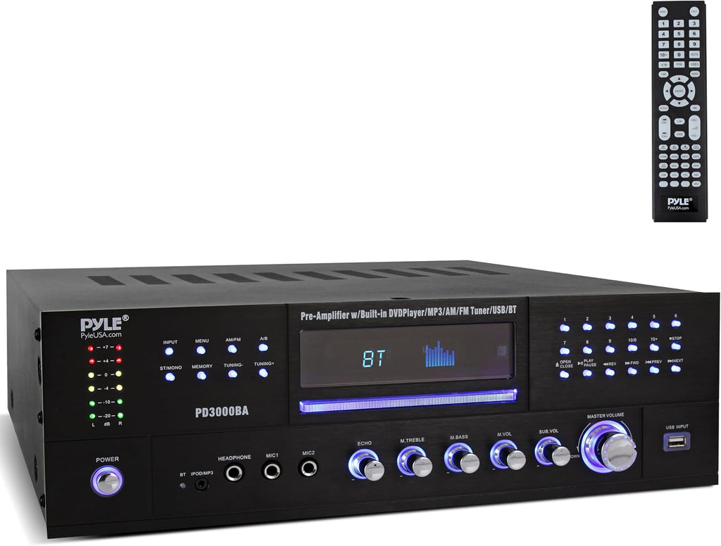 4 Channel Bluetooth Home Amplifier - Front Loading DVD/CD Player - 3000W Peak Stereo Receiver - 2 Mic Inputs w/ Echo