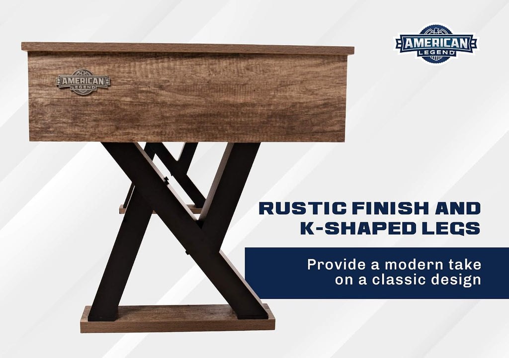 Kirkwood 9’ Shuffleboard Table with LED Rails, Bowling Game Set, Rustic Wood Finish & Accessories Included