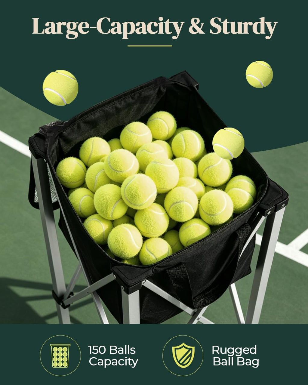 Tennis Ball Hopper for 150 Balls, Aluminum Ball Cart