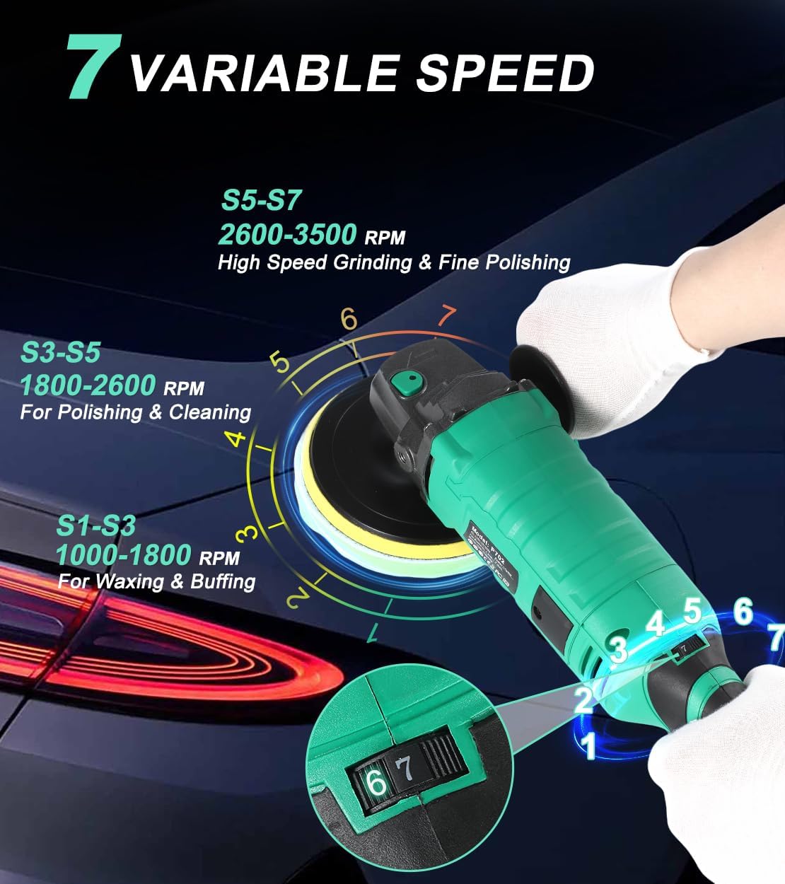 Buffer Polisher, 1600W 7 Inch/6 Inch Pure Copper Motor Car Buffers and Polishers Kit, 7 Variable Speeds 1000-3500 RPM