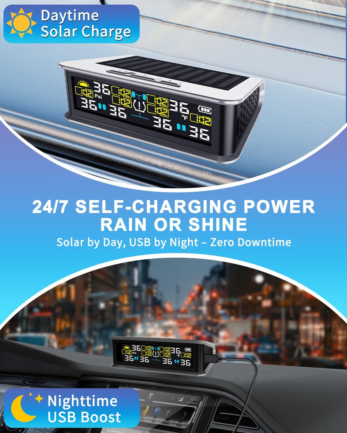 RV TPMS Tire Pressure Monitor, 6 Sensors, 0-144 PSI, Solar Display | Custom alerts, color screen, USB rechargeable