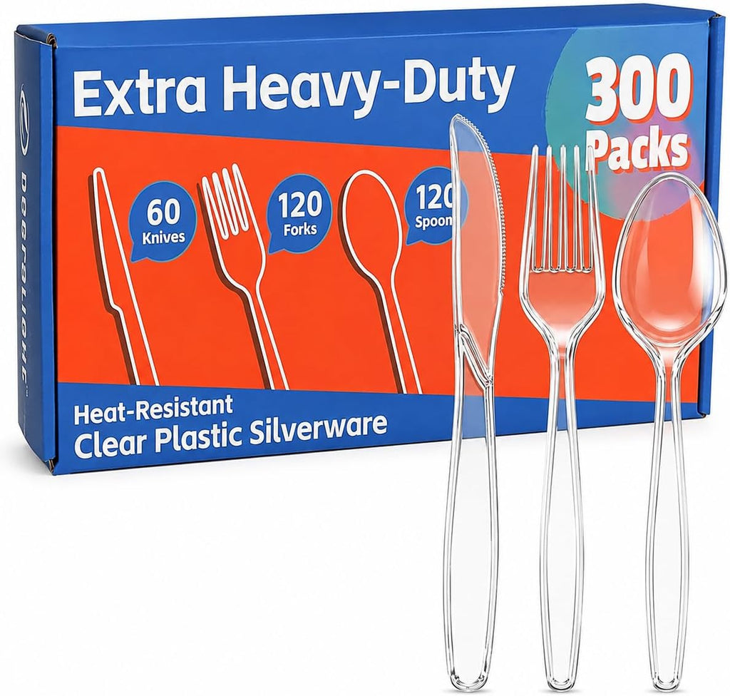 300 Count Extra Heavy Duty Plastic Silverware, Disposable Cutlery for Party