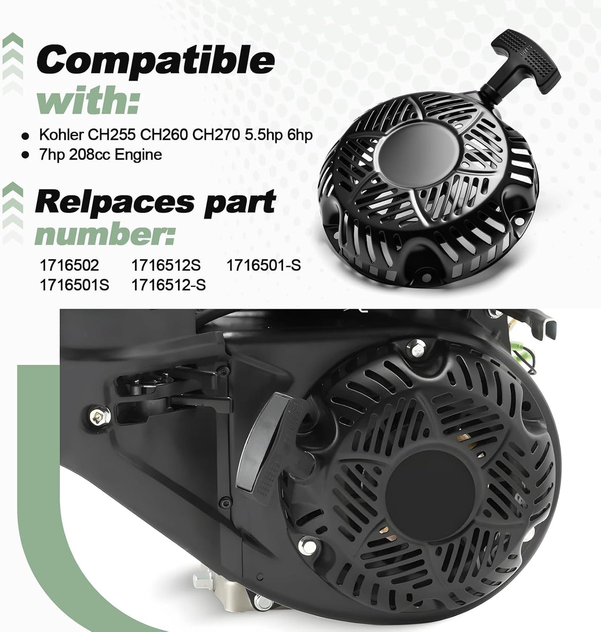 Recoil Starter Assembly with Pull Cord Compatible with Kohler CH255 CH260 CH270 5.5hp 6hp 7hp 208cc Engine for Lawn Mower Replace 1716502 1716501S 1716512S 1716512-S 1716501-S