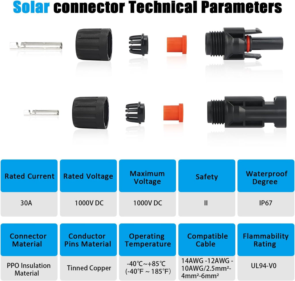 MC4 Solar Panel Connectors 1 Pair 2 to 1 Solar Y Branch Connector 6 Pairs Male & Female Solar Cable Connectors