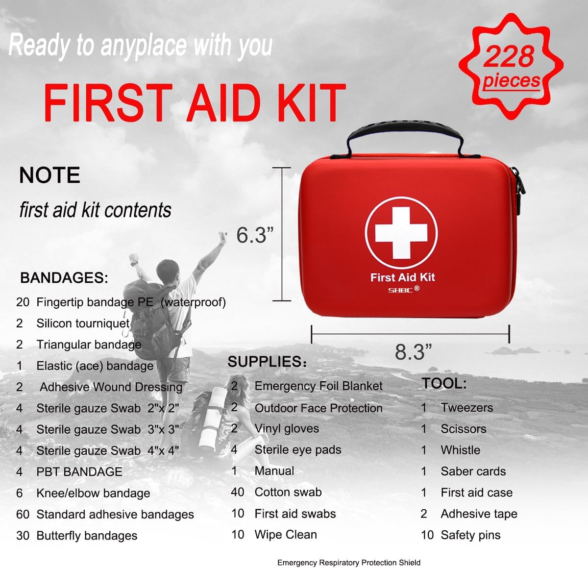 Compact First Aid Kit (228pcs) Designed for Family Emergency Care. Waterproof EVA Case and Bag is Ideal for The Car