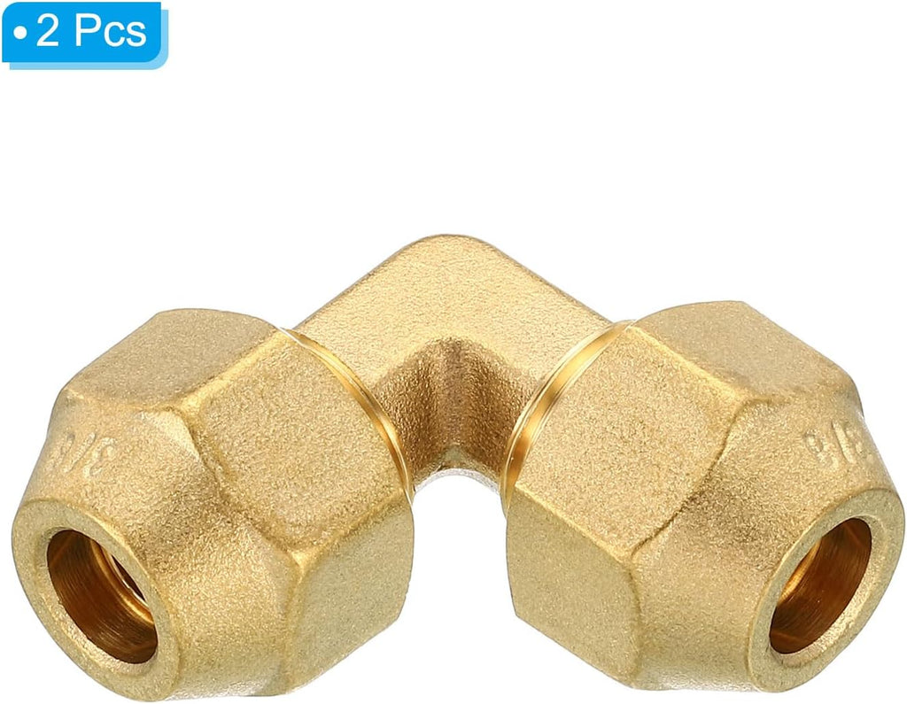 PATIKIL 3/8" x 3/8" Brass Pipe Fitting, 2 Pack Flare 90 Degree Elbow Tube Fitting Pipe Adapter Connector with Nut for Air Conditioner Refrigeration Plumbing