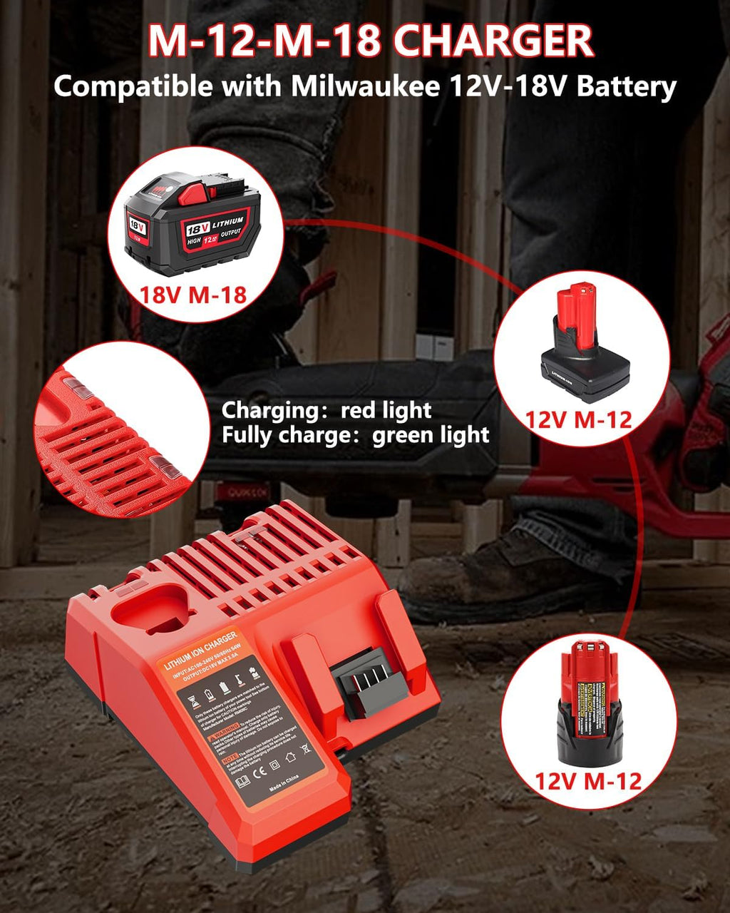 12.0Ah Replacement for Milwaukee 18V Battery and Charger M-18 Battery 2Pack