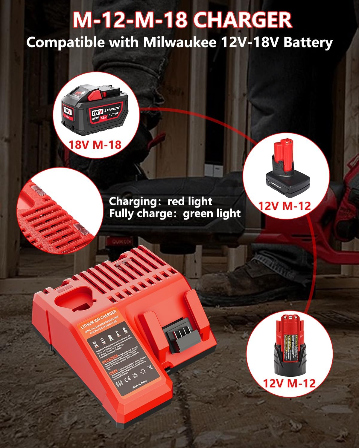 12.0Ah Replacement for Milwaukee 18V Battery and Charger M-18 Battery 2Pack