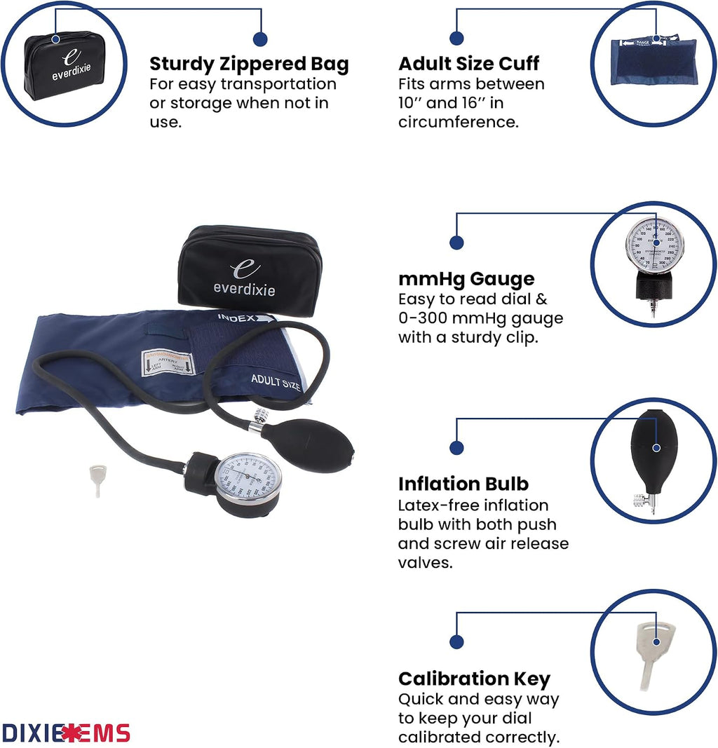 Deluxe Aneroid Sphygmomanometer Blood Pressure Set W/Adult Cuff, Carrying Case and Calibration Tool - Navy