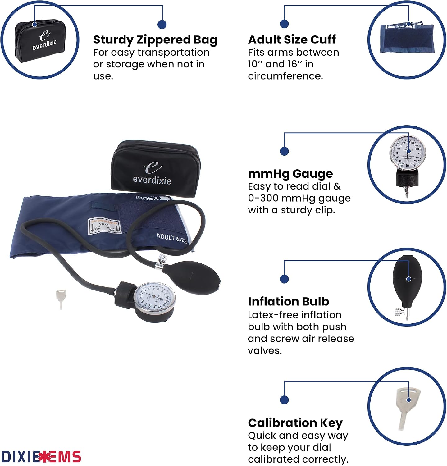 Deluxe Aneroid Sphygmomanometer Blood Pressure Set W/Adult Cuff, Carrying Case and Calibration Tool - Navy