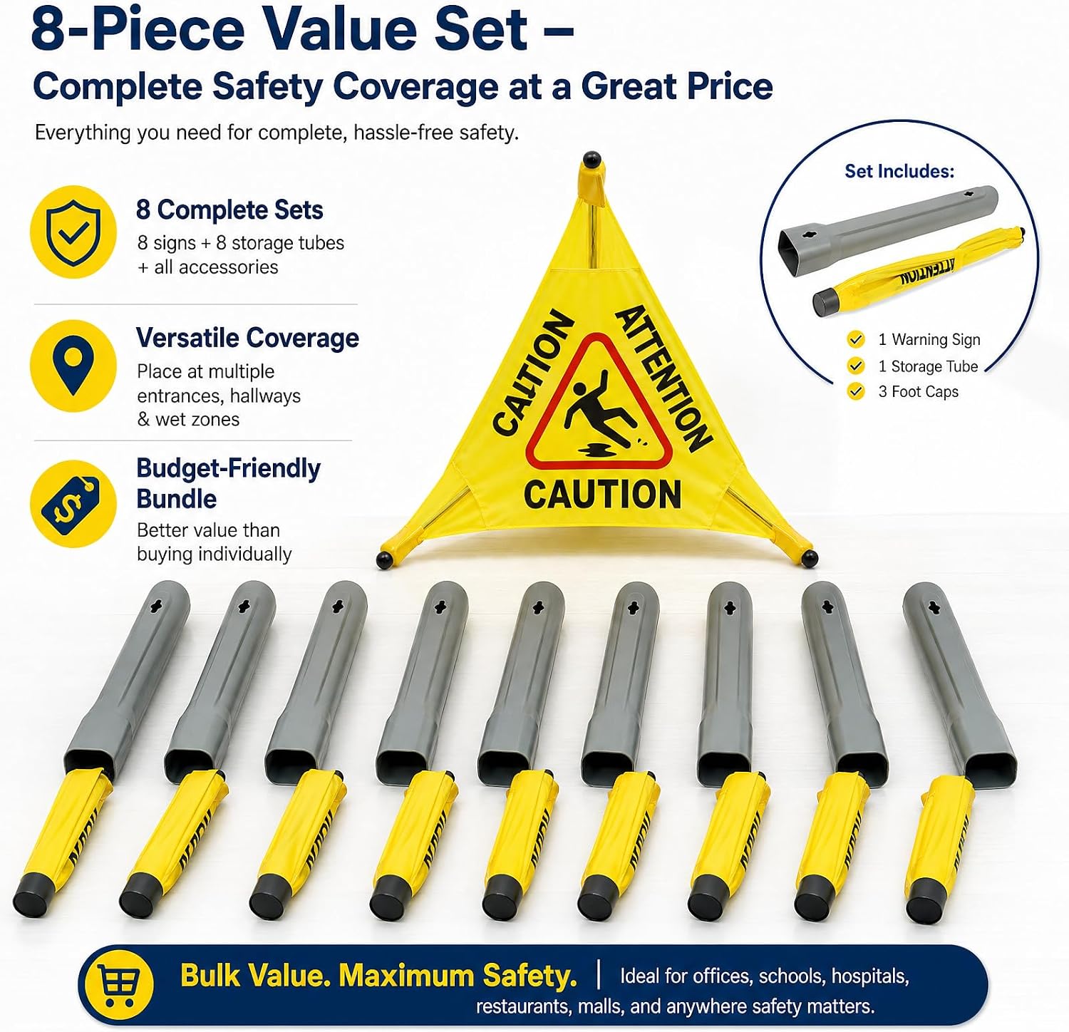 Caution Wet Floor Sign, 8 Pcs 20 inch Pop up Wet Floor Sign, Foldable Yellow Safety Warning Caution Cone, Commercial