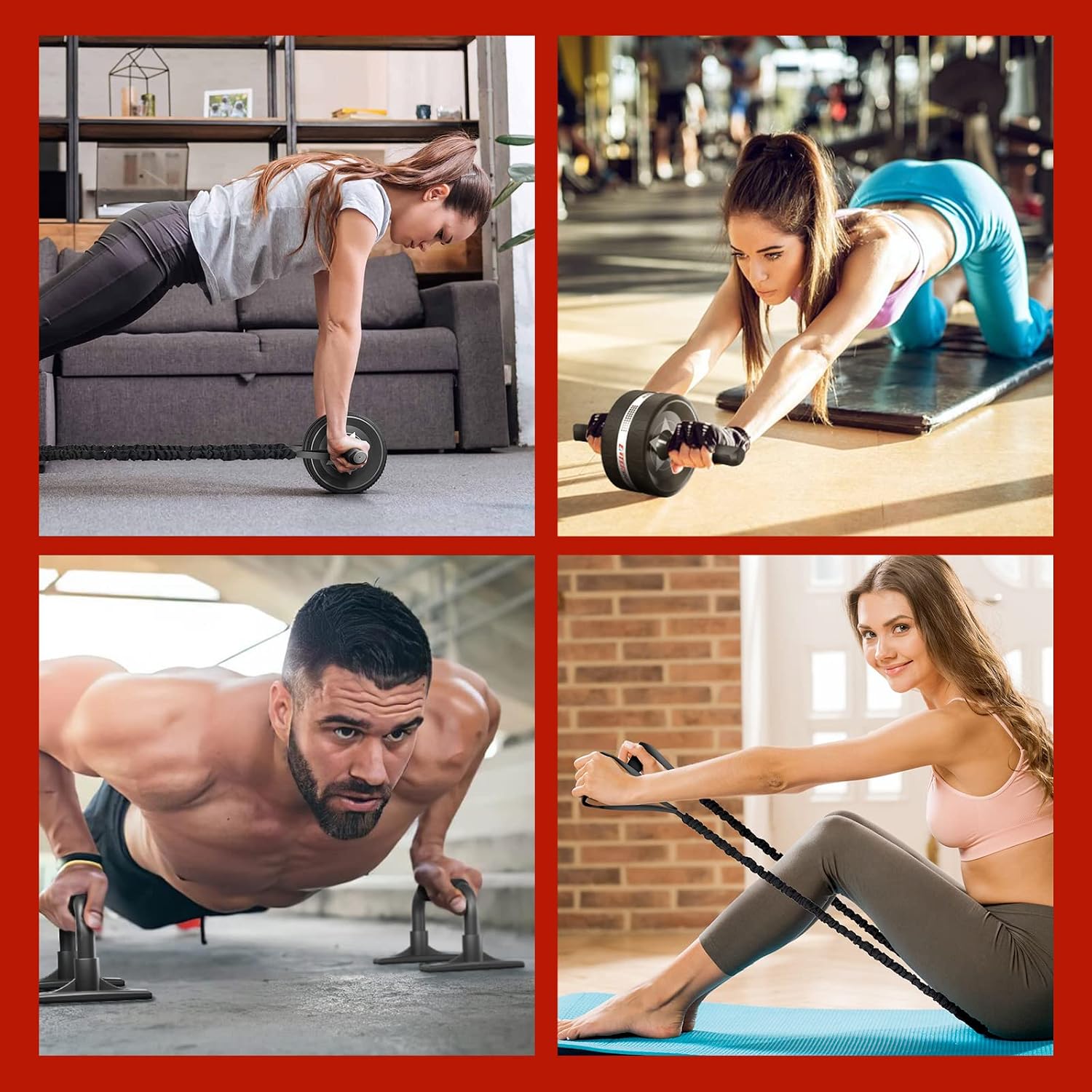 Ab Rollers Wheel Kit, Exercise Wheel Core Strength Training Abdominal Roller Set with Push Up Bars, Resistance Bands