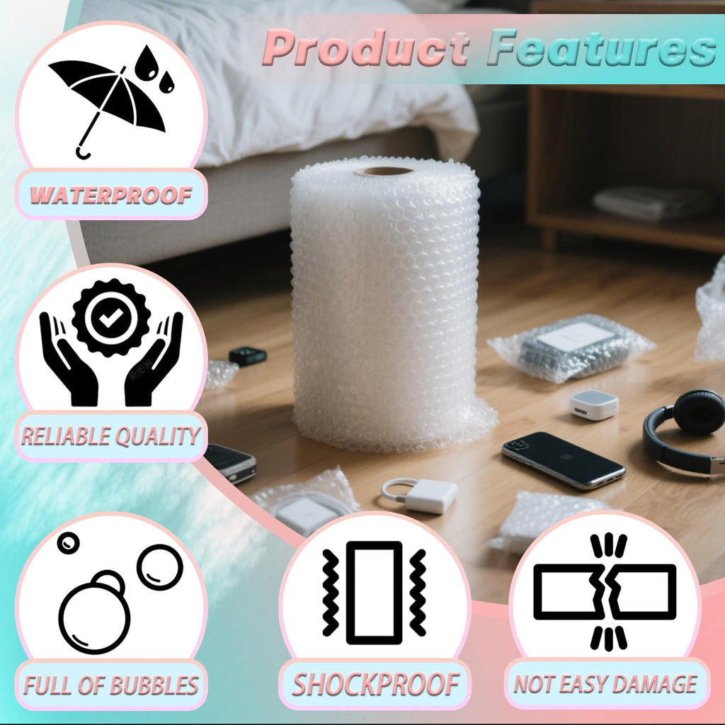 12 in x 60 ft Clear Bubble Cushioning Wrap, 4Roll Protective Bubble Packing Roll for Moving, Shipping, and Fragile Items