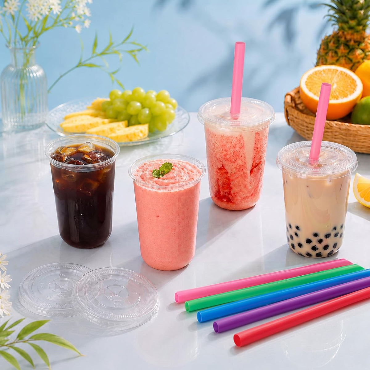 100 Sets 16oz Clear Plastic Cups with Lids & Colorful Boba Straws