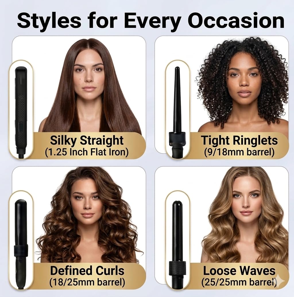 Ceramic Flat Iron & Curling Wand Set - 3 Interchangeable Barrels