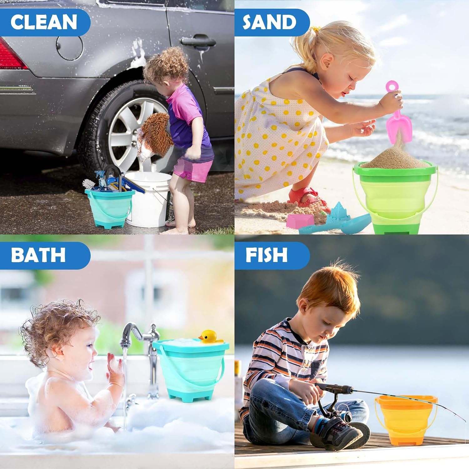 Beach Toys for Kids Toddlers, 3 Collapsible Sand Buckets and Shovels Set | Collapsible Sand Toys with 3 Pack Foldable