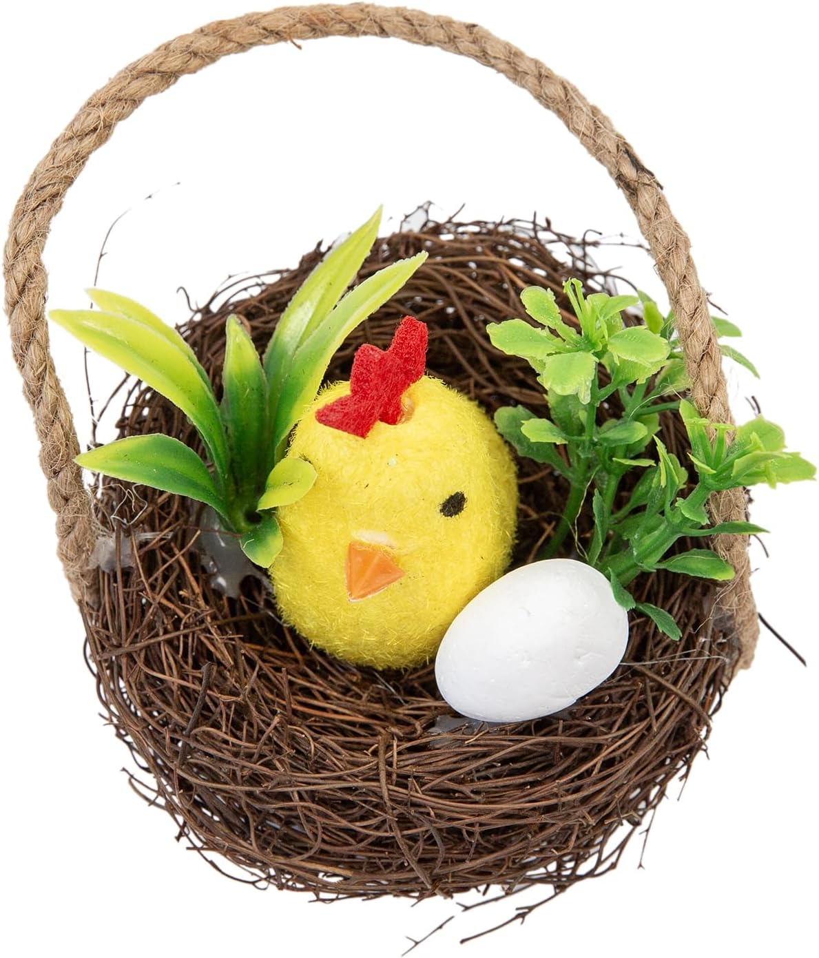 Easter Bunny Basket Decoration with Flowers, Woven Jute Basket with Handle, Spring Decor with Pastel Eggs (F)