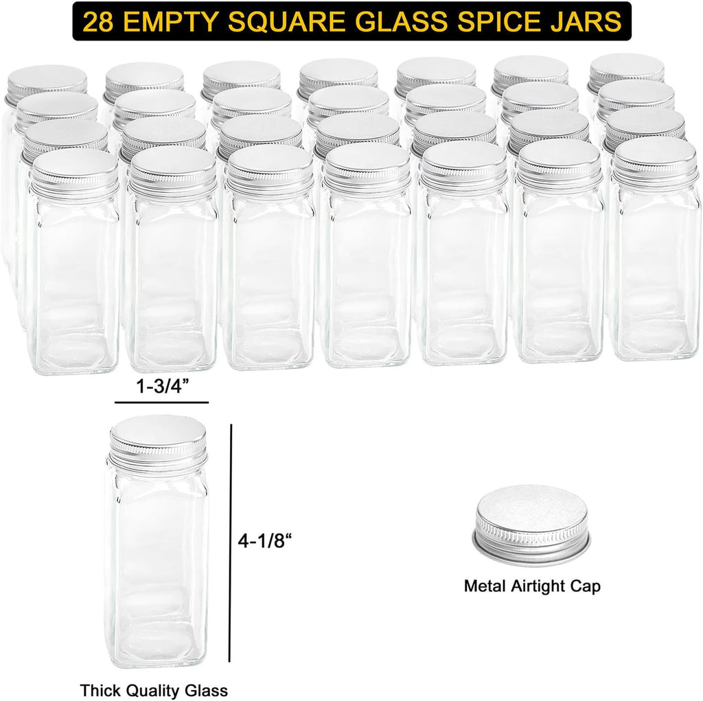 Spice Rack Organizer with 28 Spice Jars, 386 Spice Labels, Chalk Marker and Funnel Set for Cabinet, Countertop