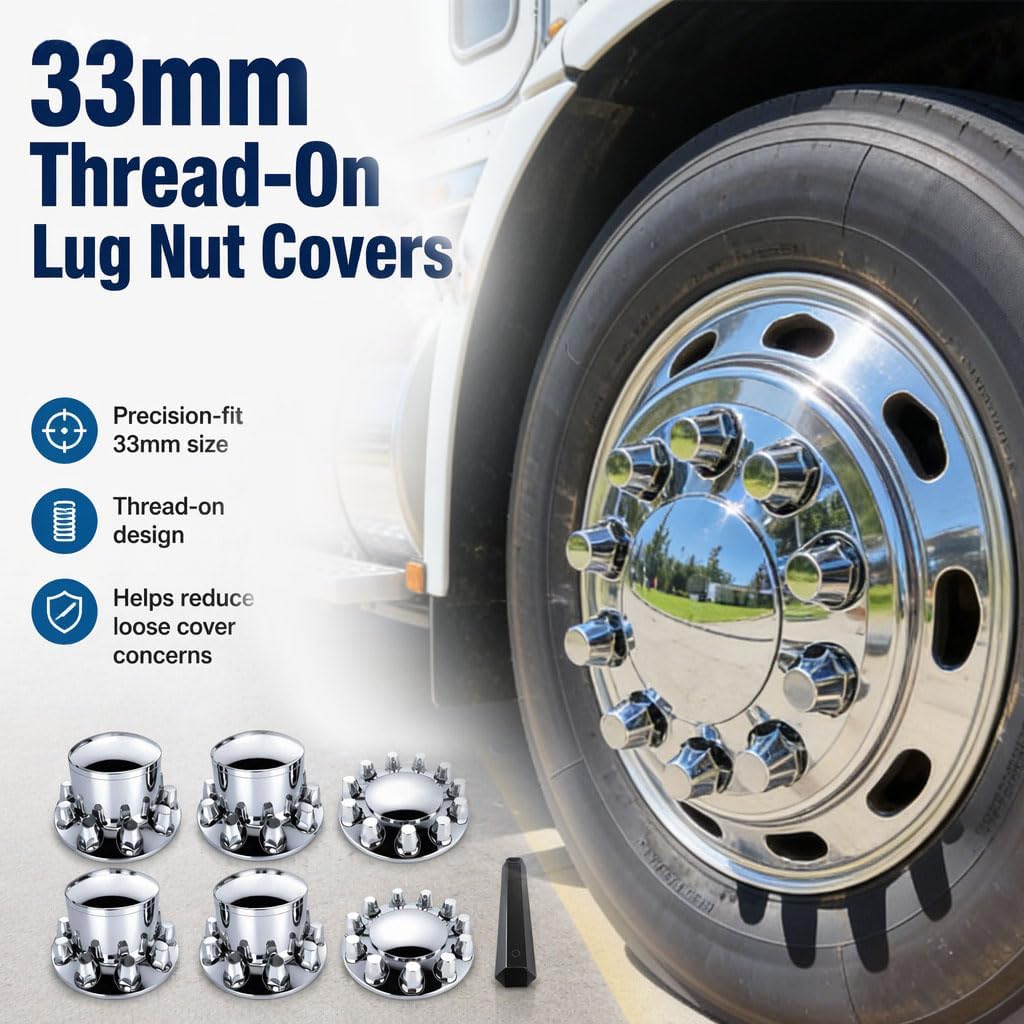 Dome Chrome ABS Hubcaps for Semi Trucks Axle Wheel Cover Kits 2 Rront 4 Rear with 33mm Thread on Lug Nut Covers and