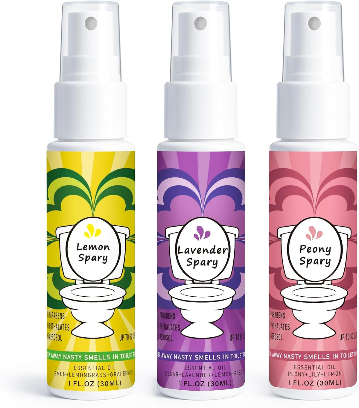 Toilet Spray, 3 Pack Travel Size Variety - Lemon Lavender Peony