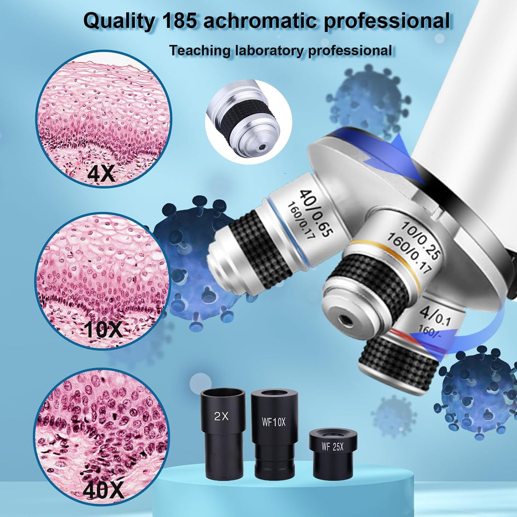 Microscope 40X-2500X Magnification with 4.3-inch Display, Wide-Angle 10X and 25X eyepieces, and Built-in 5-megapixel